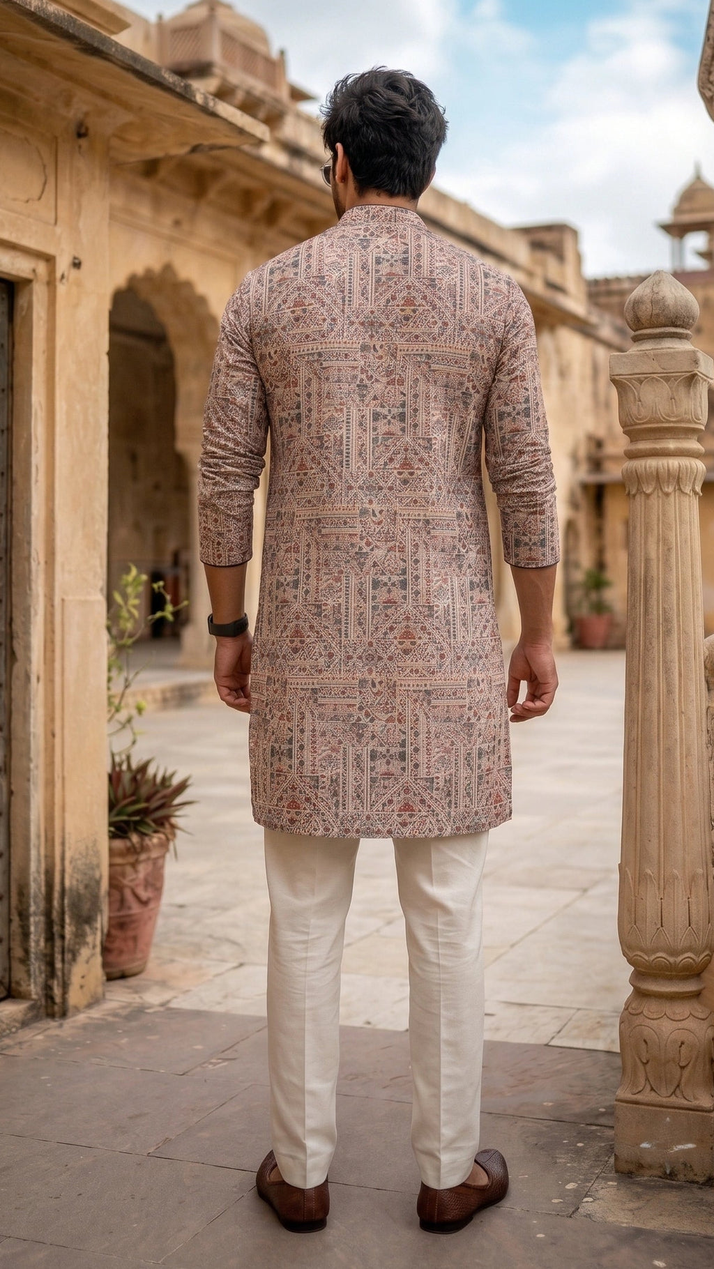 Vintage Kalamkari Motif Printed Kurta in Beige & Earthy Rust