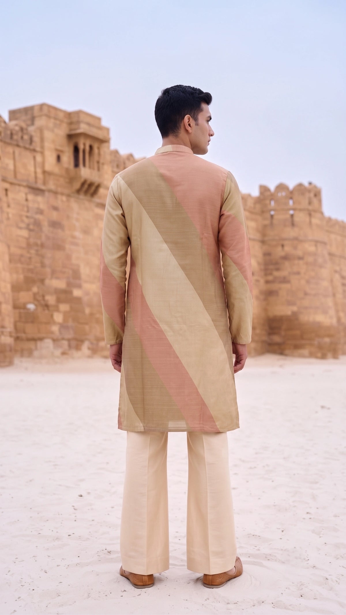 Muted Blush & Champagne Silk Kurta Set with Intricate Resham Embroidery