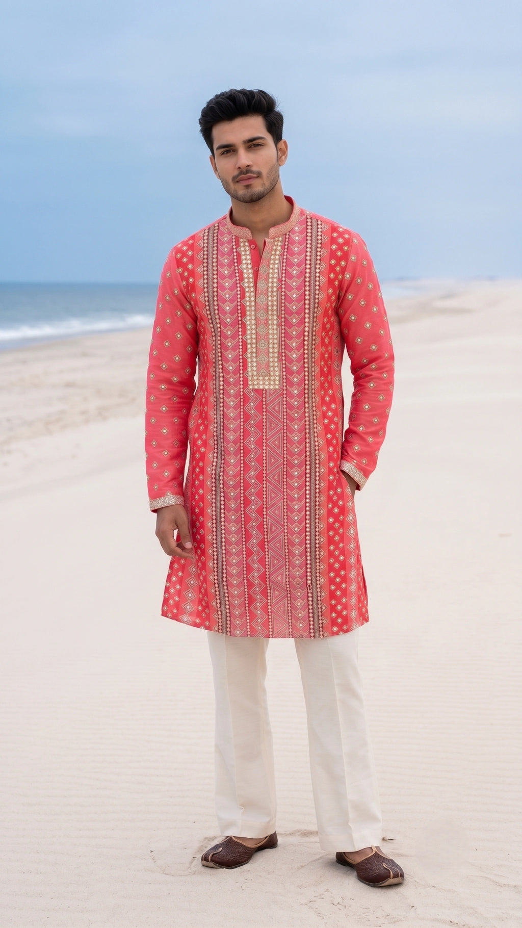 Peach-Pink Geometrical Embroidered Short Kurta Set with Mirror-Work Detailing