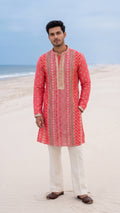 Peach-Pink Geometrical Embroidered Short Kurta Set with Mirror-Work Detailing