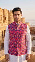 Royal Rani Pink Geometric Floral Woven Silk Blend Bandhgala Waistcoat