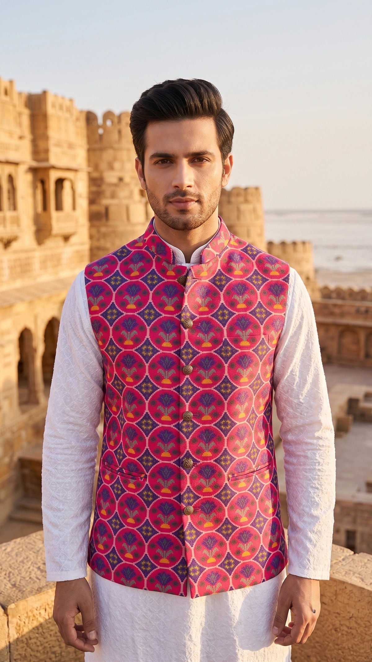Royal Rani Pink Geometric Floral Woven Silk Blend Bandhgala Waistcoat