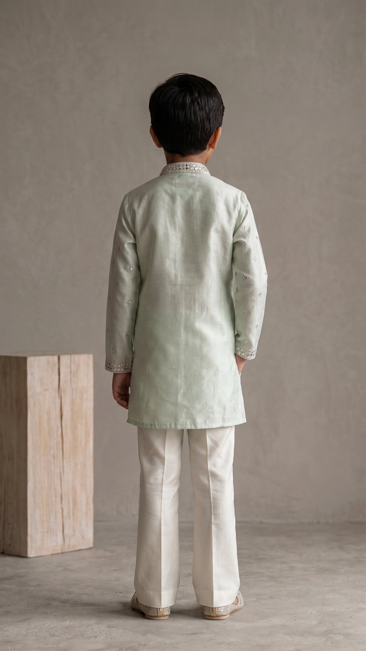 Boys’ Mint Green Mirror Embroidered Kurta & Off-White Bootcut Pant Set