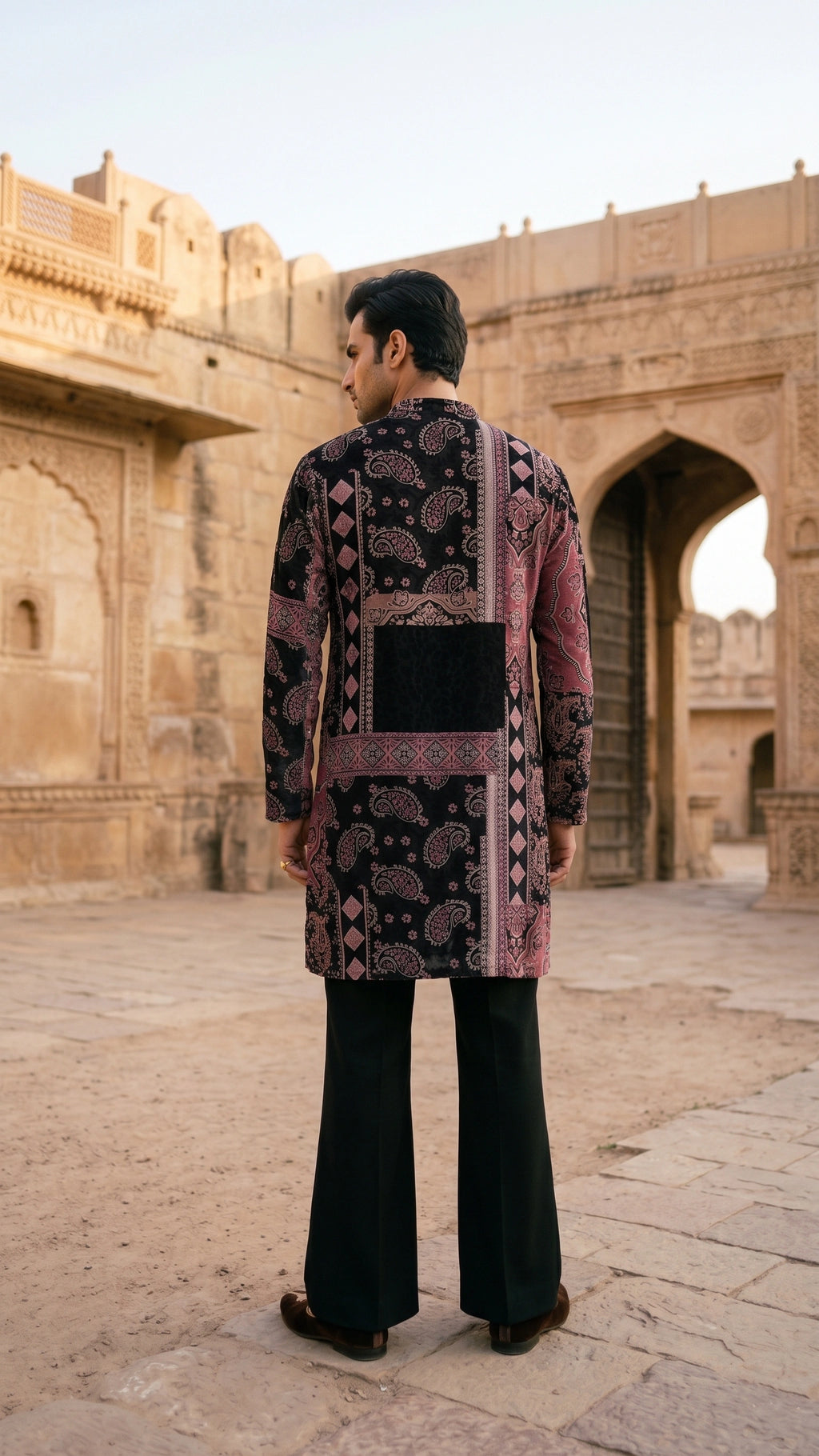Midnight Black & Dusty Rose Velvet Patchwork Kurta