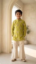 Boys Parrot Green Embroidered Short Kurta & Off-White Bell Bottom Set