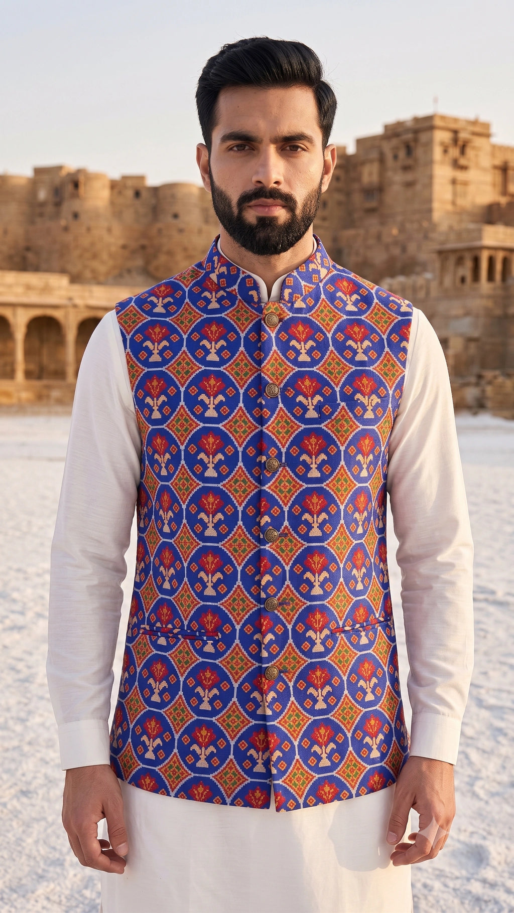 Handcrafted Floral Ikat & Patola Print Bandhgala Waistcoat in Royal Blue