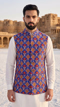 Handcrafted Floral Ikat & Patola Print Bandhgala Waistcoat in Royal Blue