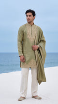 Olive Mist Resham & Zari Work Kurta Set with Tonal Embroidered Stole
