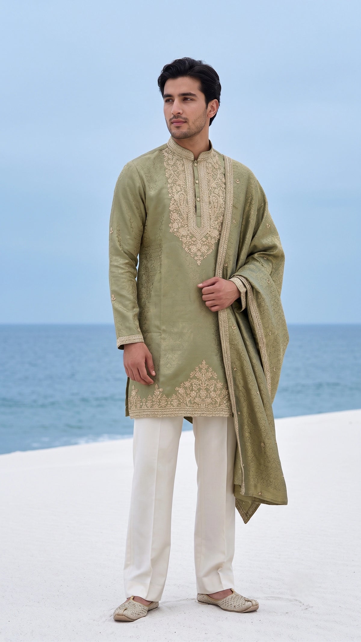 Olive Mist Resham & Zari Work Kurta Set with Tonal Embroidered Stole