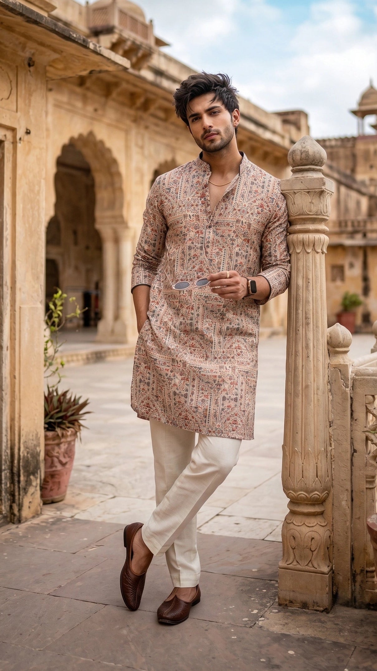 Vintage Kalamkari Motif Printed Kurta in Beige & Earthy Rust