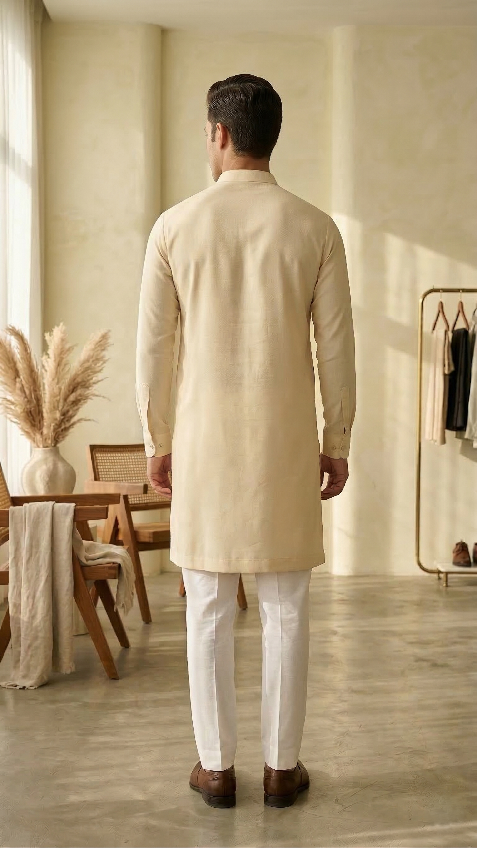 Elegant Cream Silk-Blend Kurta with Ornate Brooch