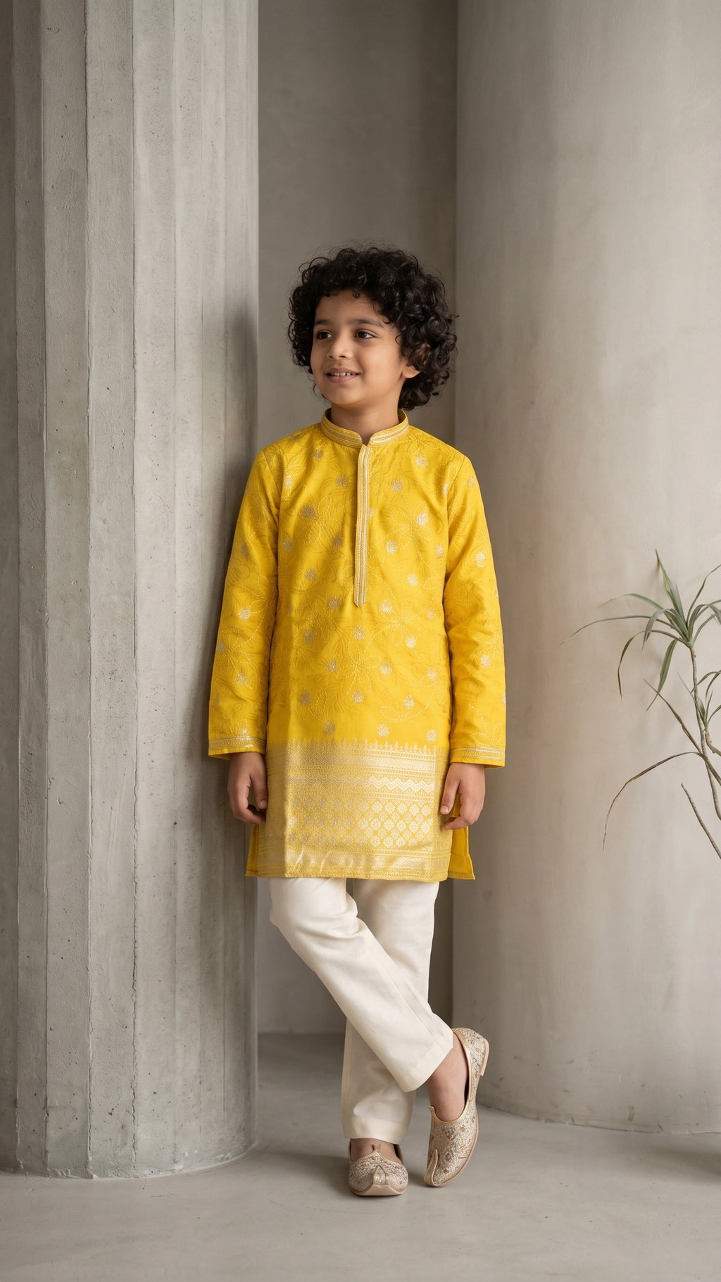 Boys Mustard Yellow Embroidered Silk Kurta with Off-White Bootcut Trousers