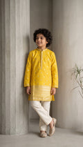 Boys Mustard Yellow Embroidered Silk Kurta with Off-White Bootcut Trousers