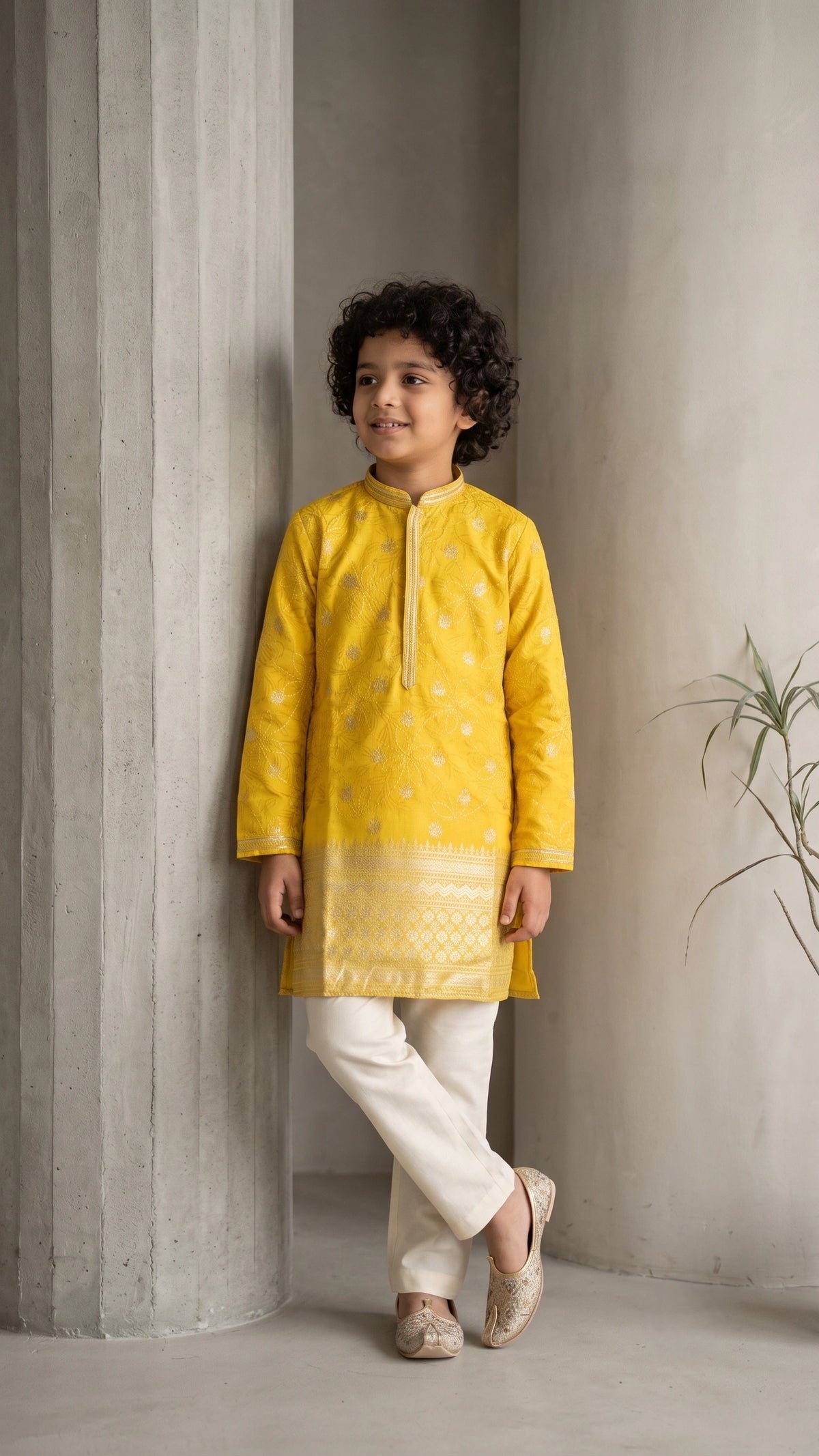Boys Mustard Yellow Embroidered Silk Kurta with Off-White Bootcut Trousers