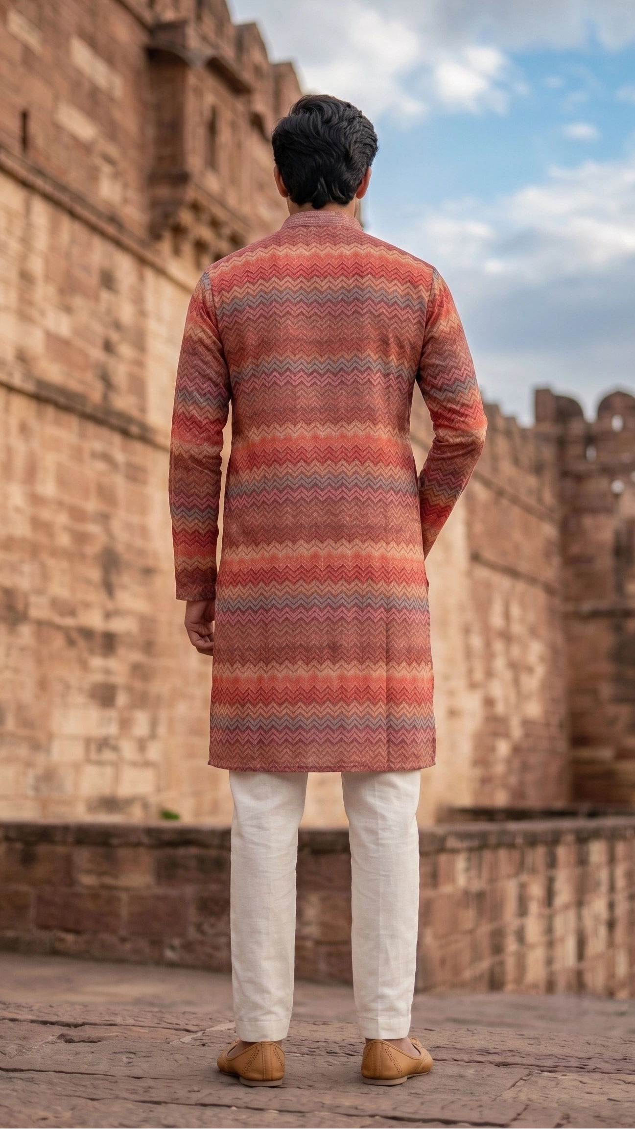 Rust & Multi-Hue Chevron Printed Mandarin Collar Kurta