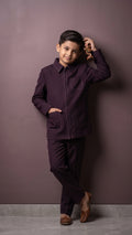 Boys Deep Wine Contrast-Stitch Zip-Up Jacket & Trouser Set