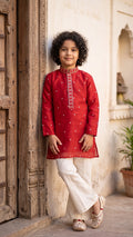 Regal Crimson Handcrafted Embroidered Kurta Set for Boys