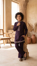 Royal Plum Straight Kurta with Statement Striped Placket & Bell-Bottom Pants