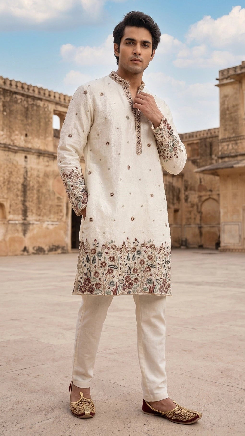 Royal Off-White Hand-Embroidered Festive Kurta for Men
