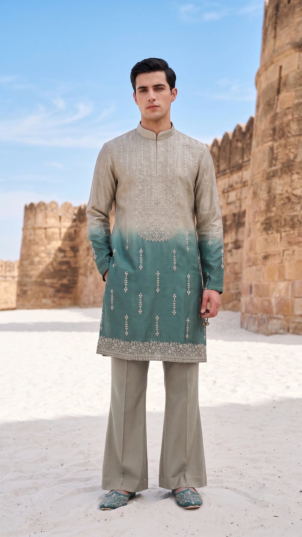 Sage to Jade: Ombré Embroidered Silk Kurta Set with Flared Trousers
