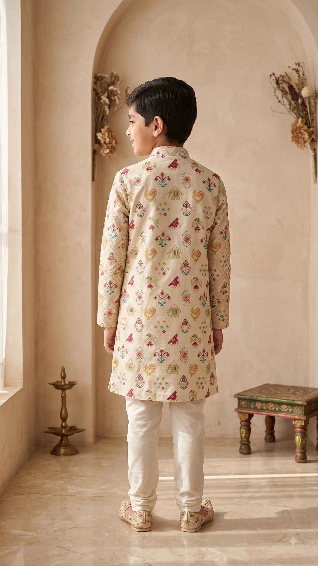 Boys Cream Patola Print Silk Kurta Set