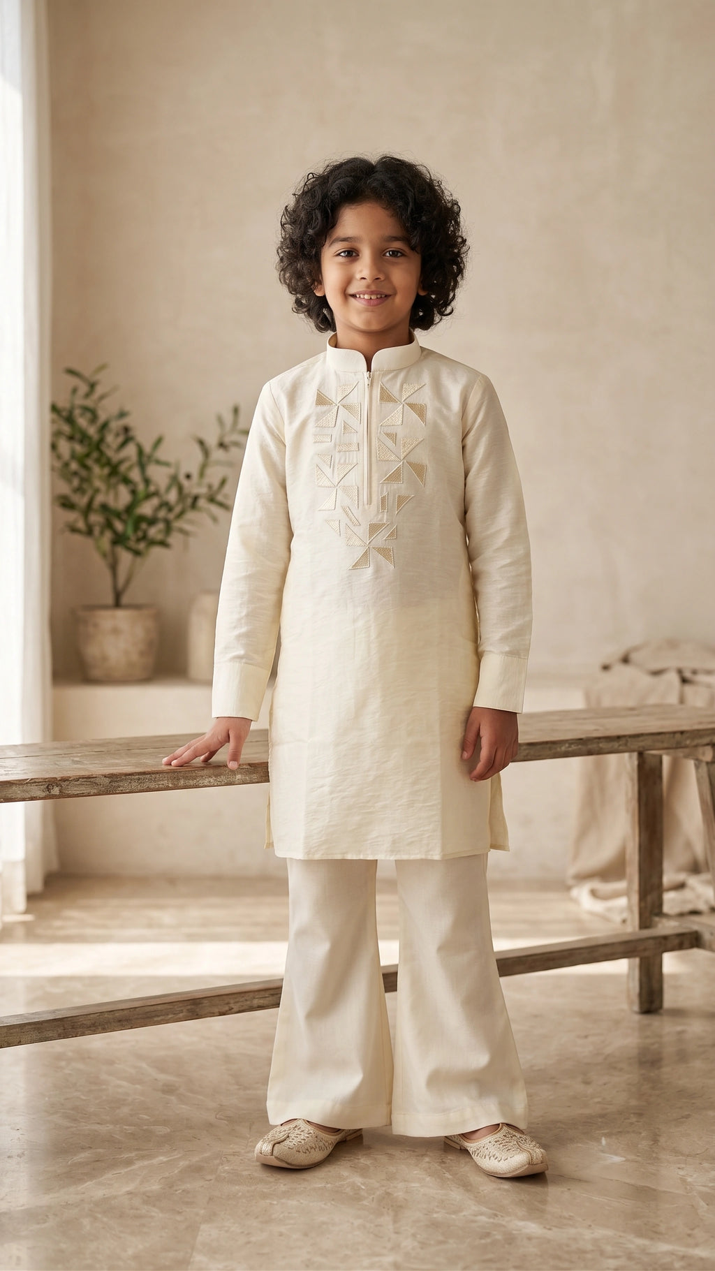 Boys Cream Geometric Embroidered Kurta Set with Flared Bell-Bottom Trousers