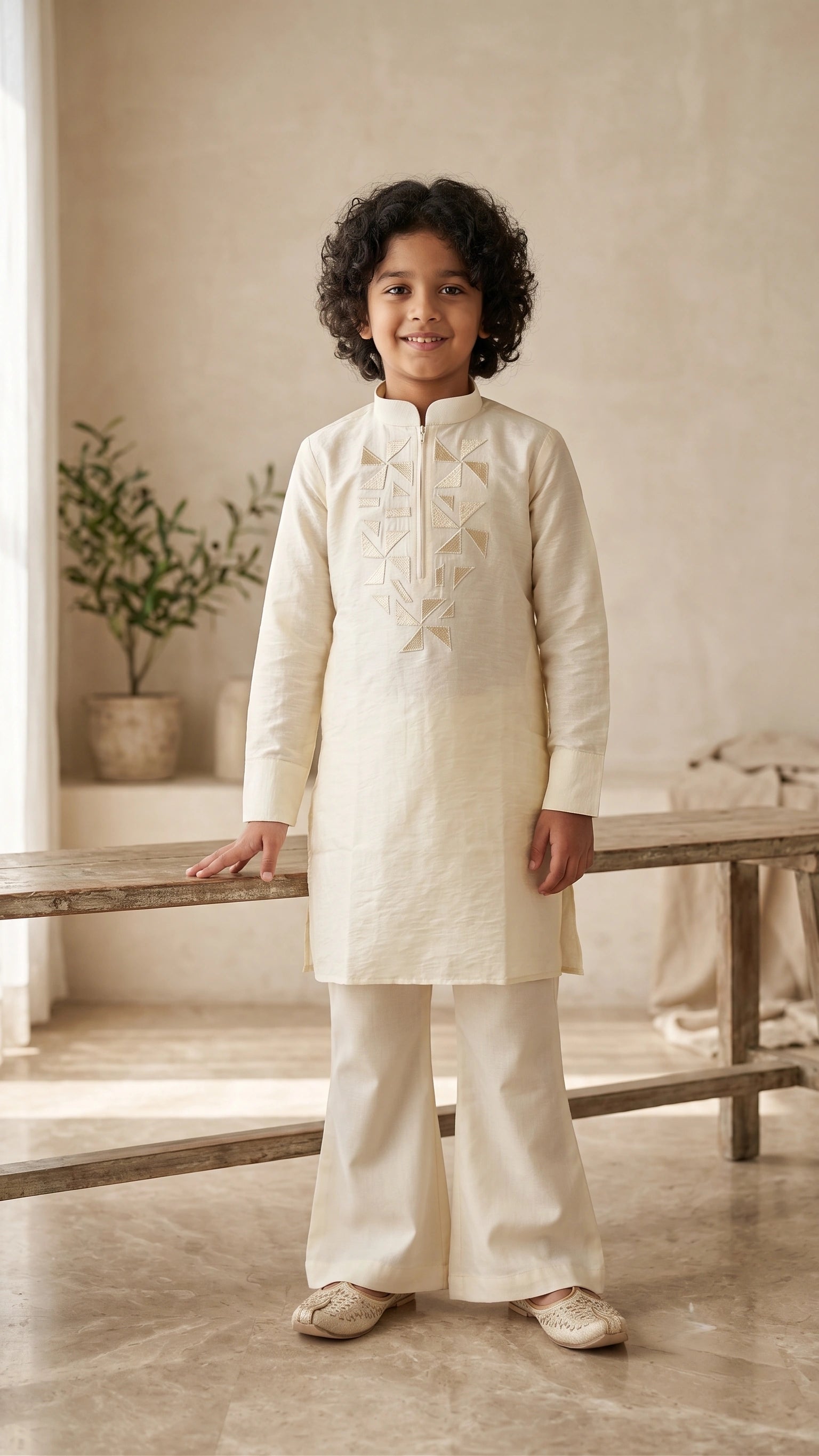 Boys Cream Geometric Embroidered Kurta Set with Flared Bell-Bottom Trousers