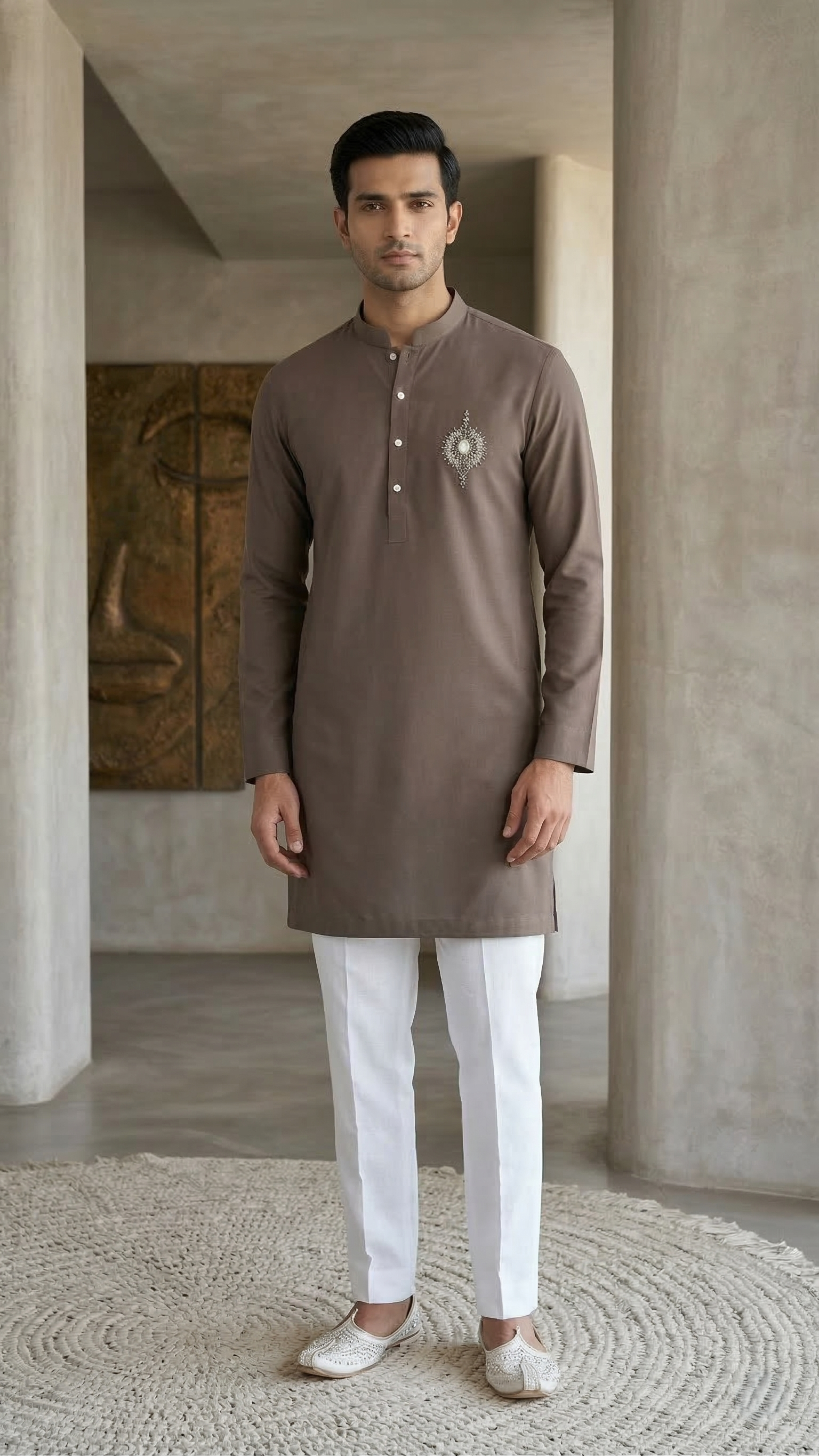 Taupe Kurta with Medallion Embroidery