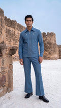 Steel Blue Structured Zip Bomber & Flared Trouser Ensemble