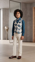 Boys Royal Blue & Ivory Floral Embroidered Waistcoat Suit Set with Matching Bowtie