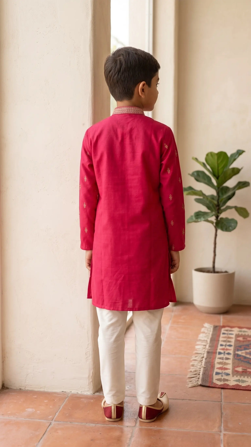 Boys Magenta Silk-Blend Embroidered Kurta Set with White Pyjama