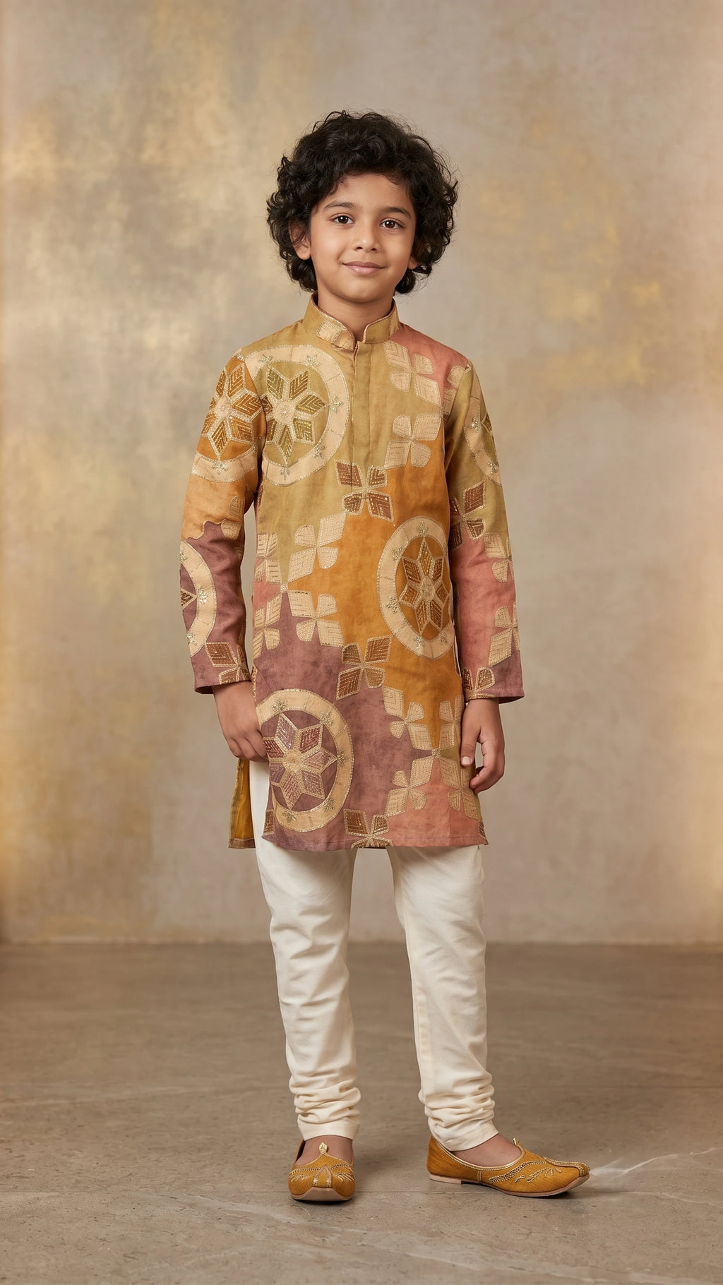 Boys Multi-Color Geometric Printed Silk Blend Kurta Set