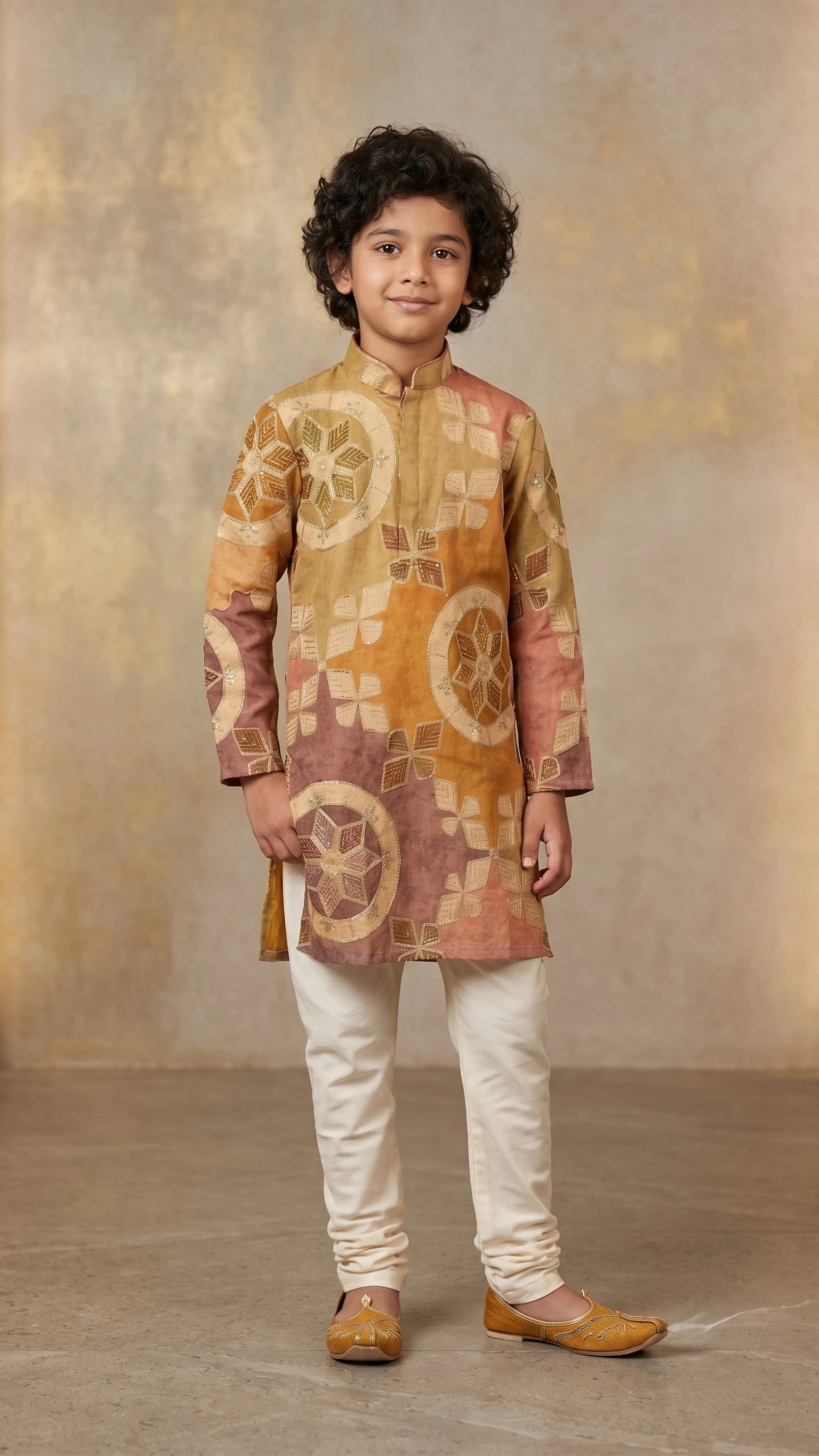 Boys Multi-Color Geometric Printed Silk Blend Kurta Set