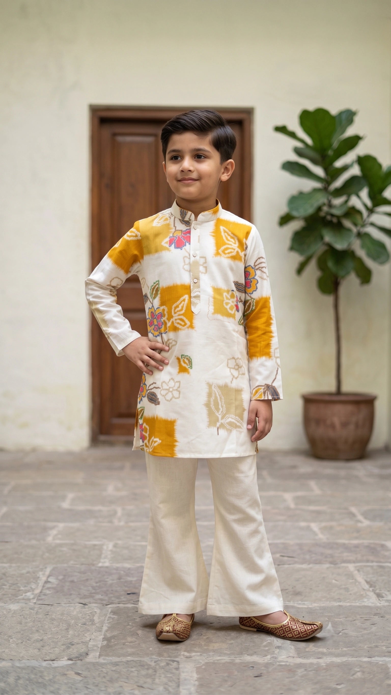 Boys Mustard & Off-White Floral Ikat Kurta Set with Flared Bell-Bottom Pants