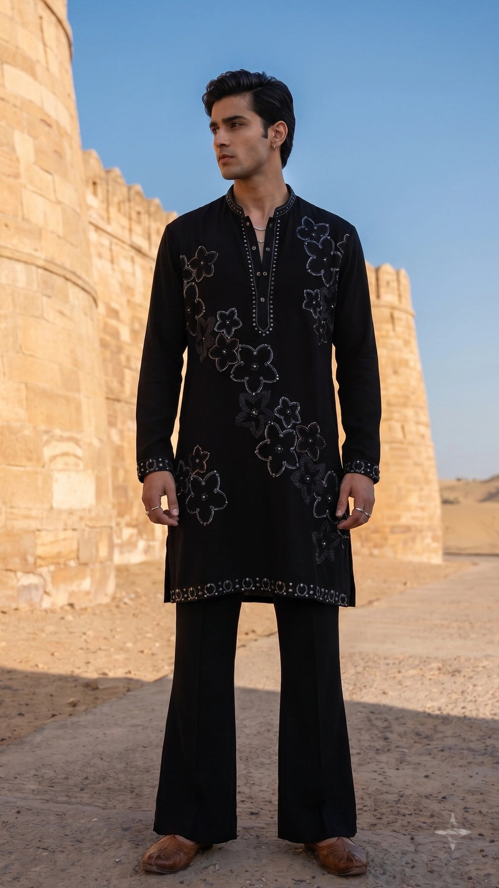 Midnight Black Hand-Embroidered Floral Motif Short Kurta