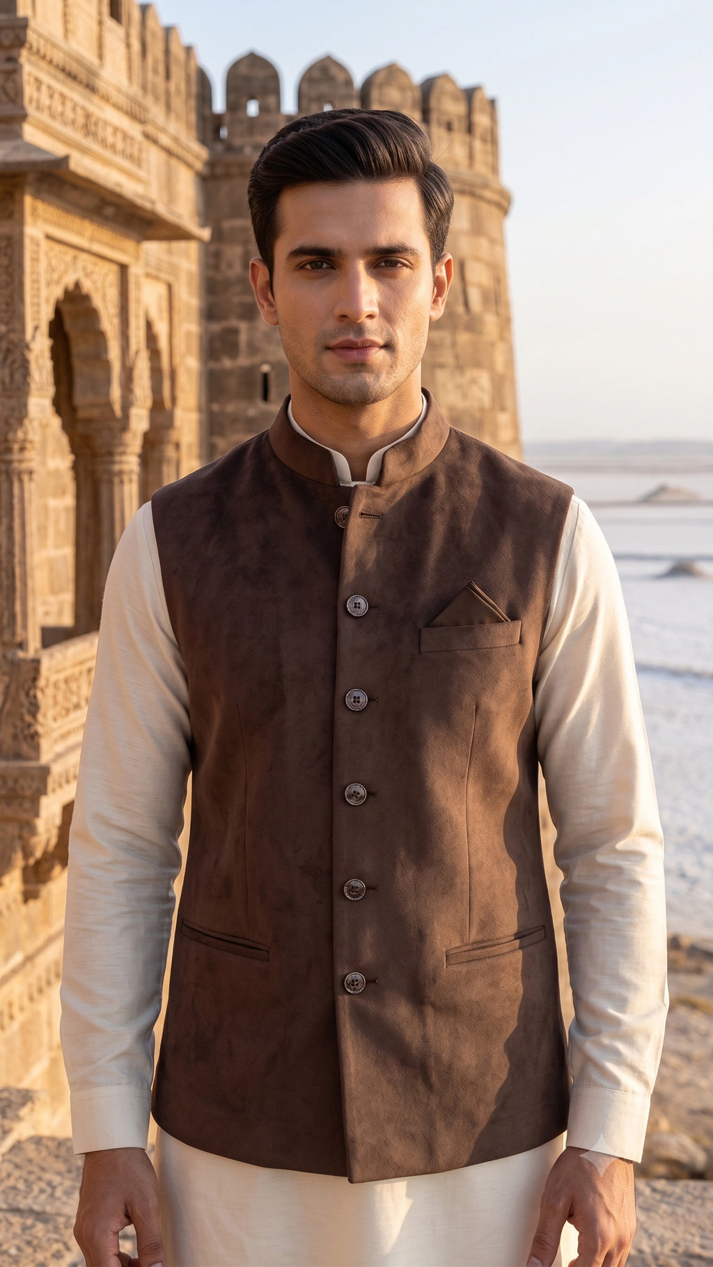 Men’s Earthy Brown Suede Nehru Jacket / Waistcoat
