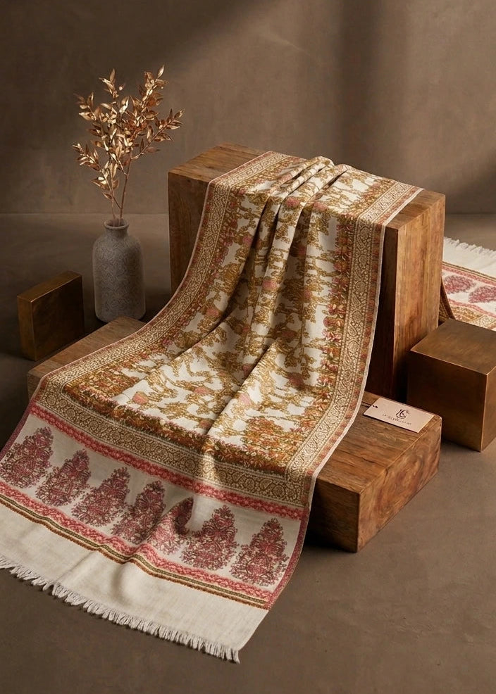 A patterned throw blanket draped over wooden display blocks in a styled studio setting. The blanket has a cream base with intricate brown and muted red floral motifs and a fringed edge, set against a warm brown textured backdrop.
