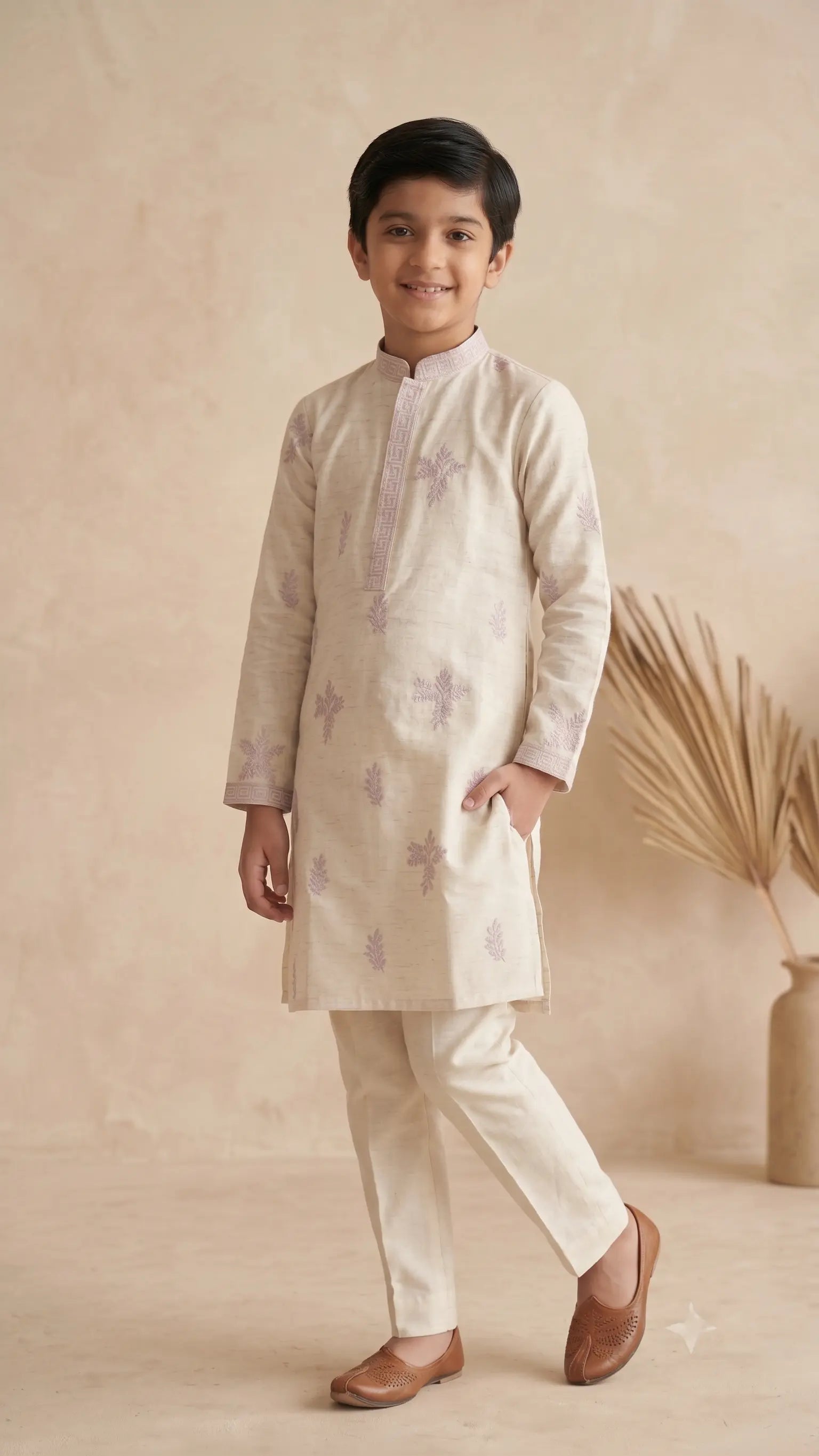 Boys Beige & Lavender Embroidered Silk-Blend Kurta Pajama Set