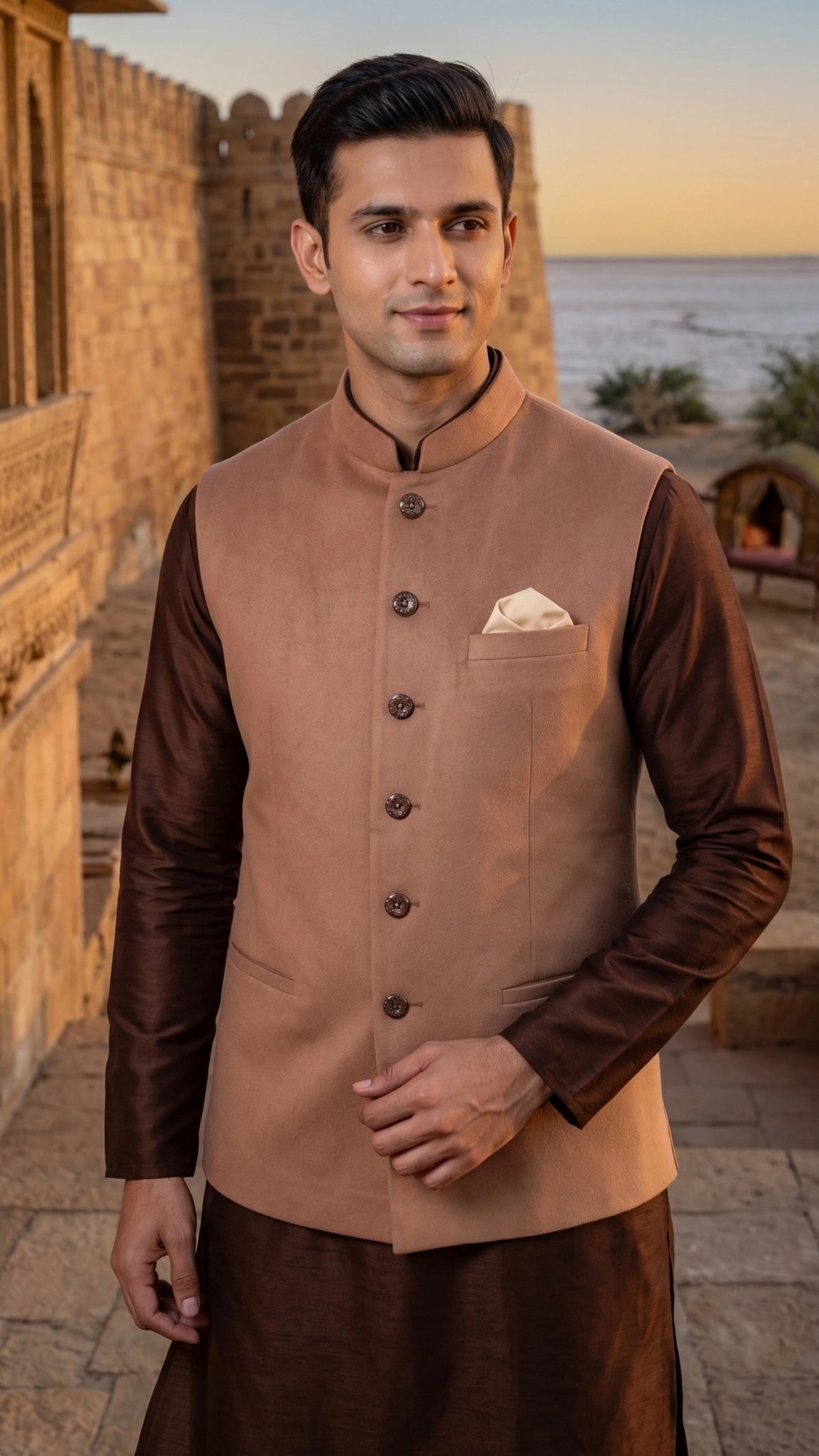 Men’s Classic Camel Brown Suede Nehru Jacket | Tailored Bandhgala Waistcoat