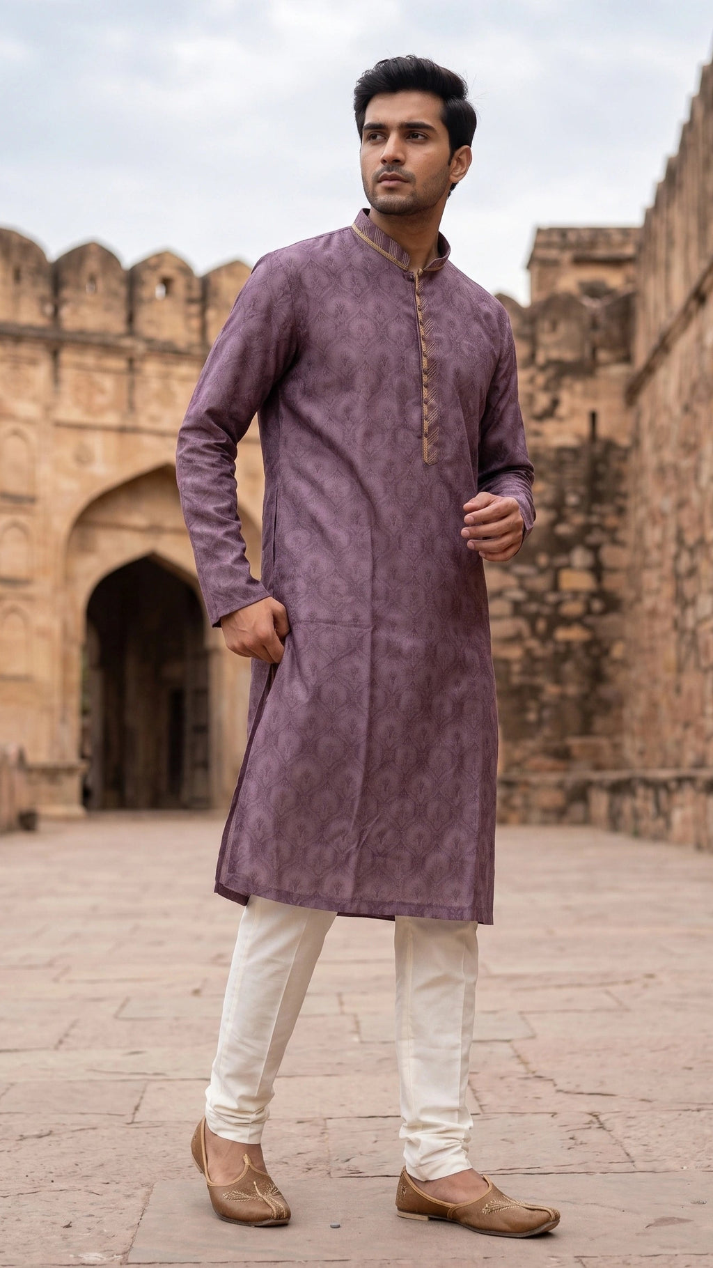 Dusty Mauve Printed Jacquard Kurta with Embroidered Mandarin Collar