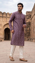 Dusty Mauve Printed Jacquard Kurta with Embroidered Mandarin Collar