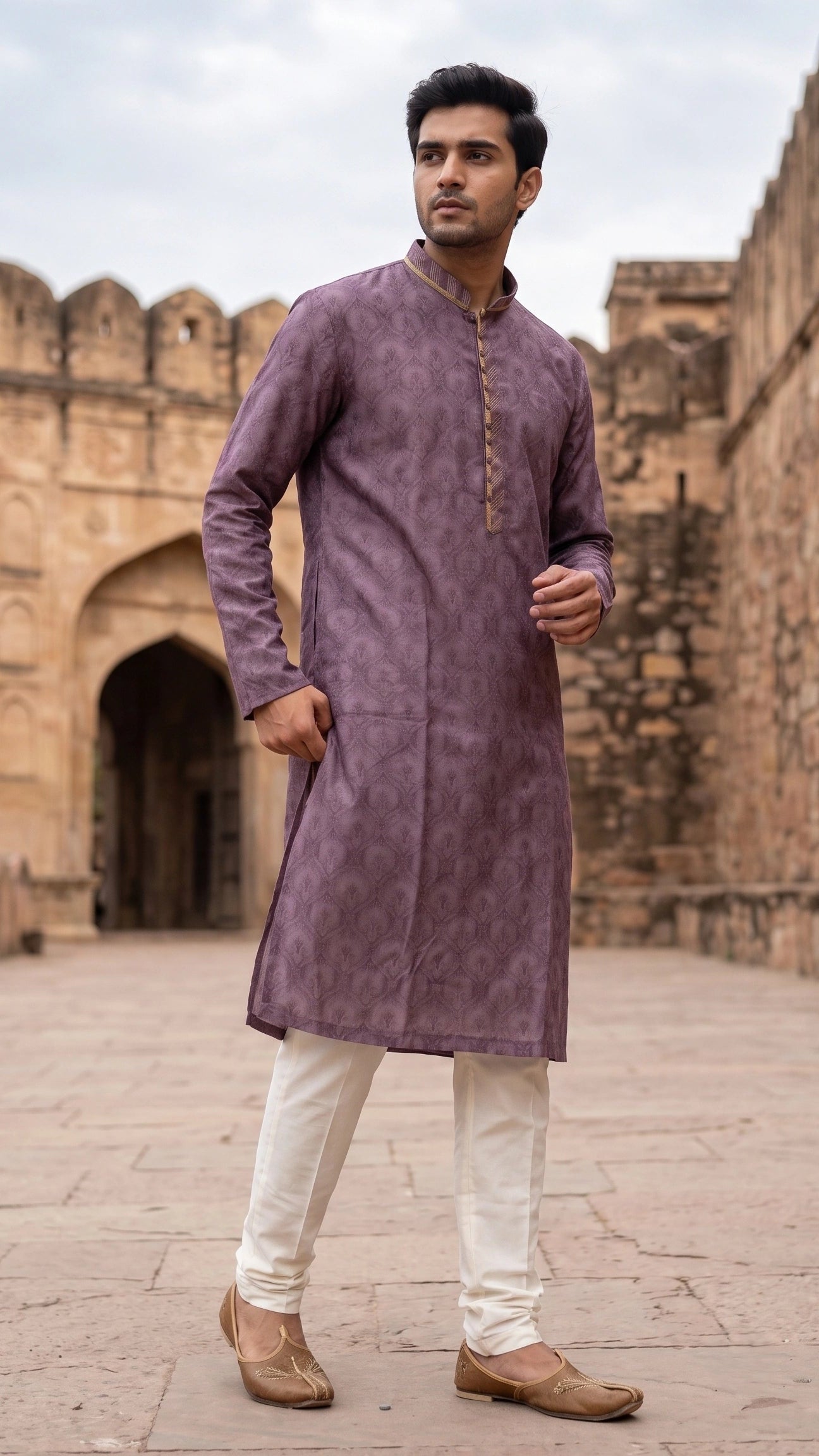 Dusty Mauve Printed Jacquard Kurta with Embroidered Mandarin Collar