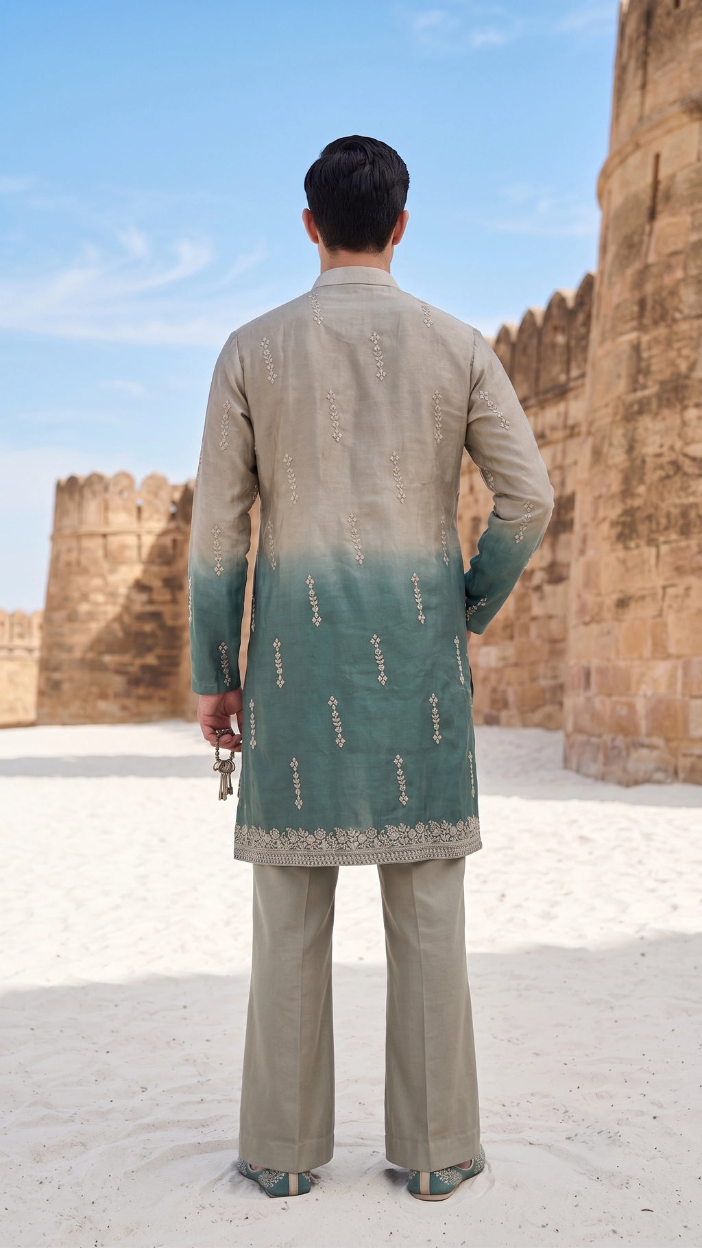 Sage to Jade: Ombré Embroidered Silk Kurta Set with Flared Trousers