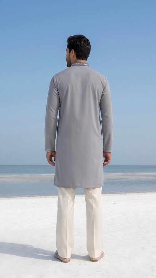 Ash Grey Embroidered Neckline Poly-Blend Kurta for Men