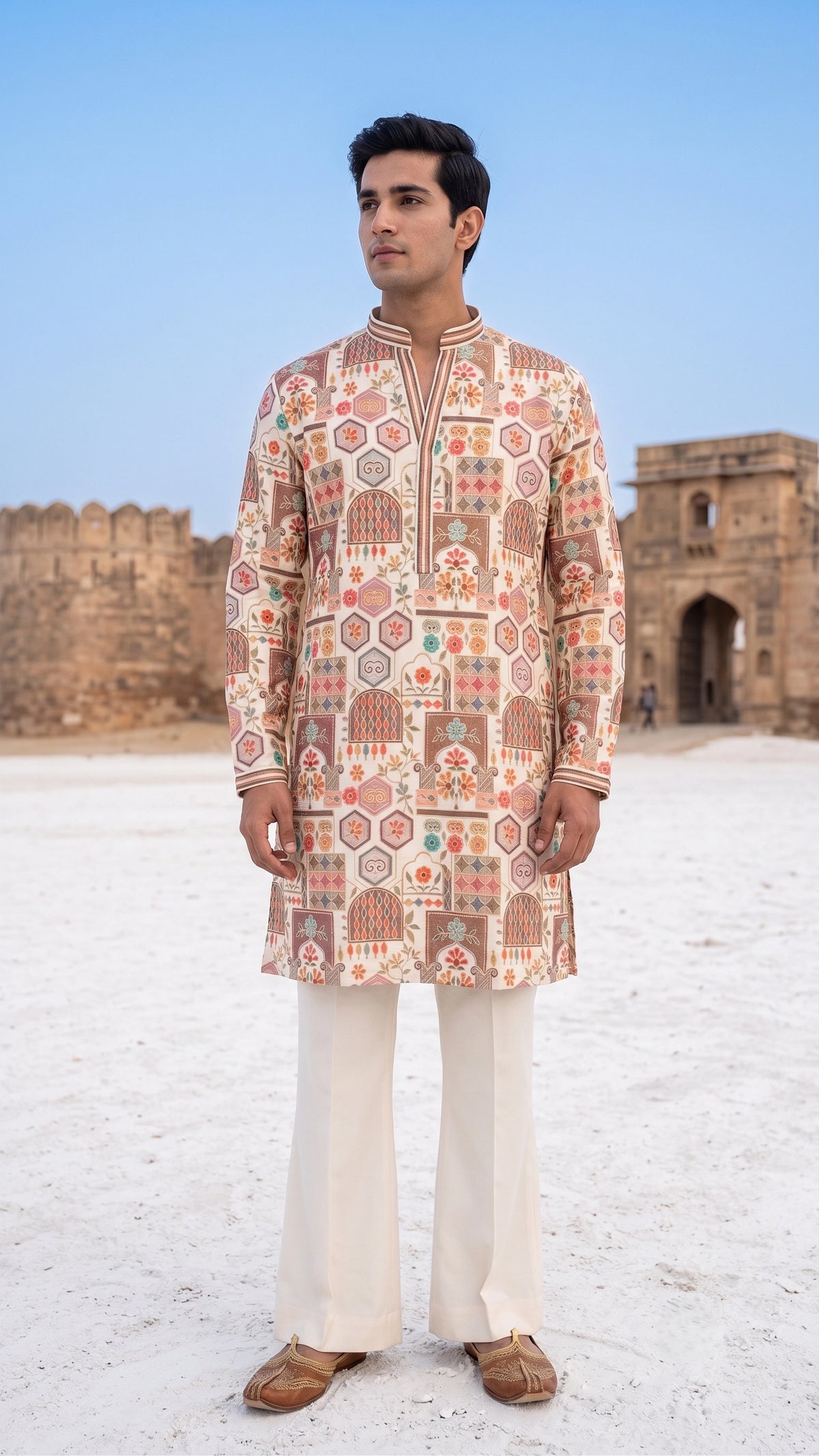 The Jharokha Motif Silk Kurta in Ivory & Muted Pastels