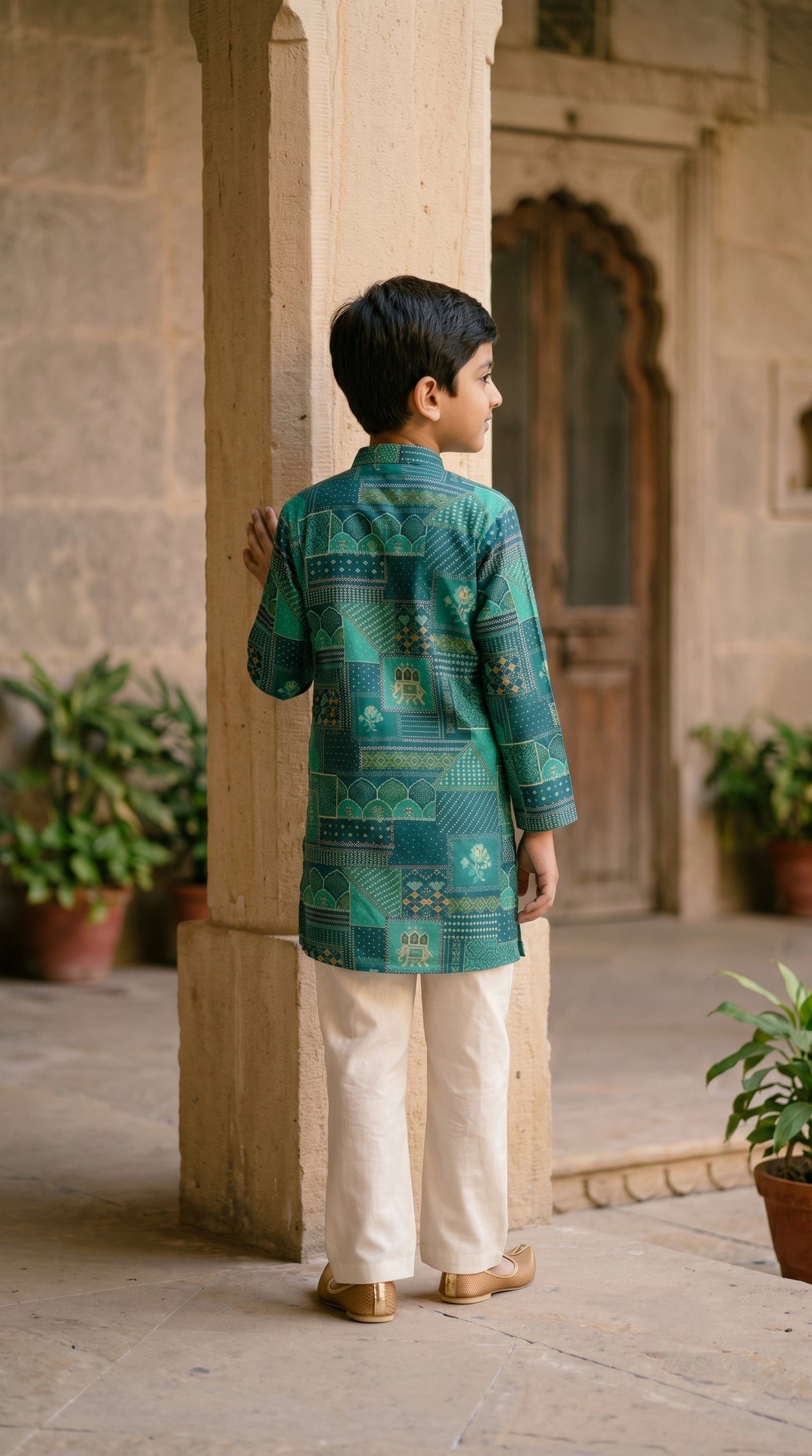 Boys Emerald Green Bandhani & Heritage Motif Kurta Set