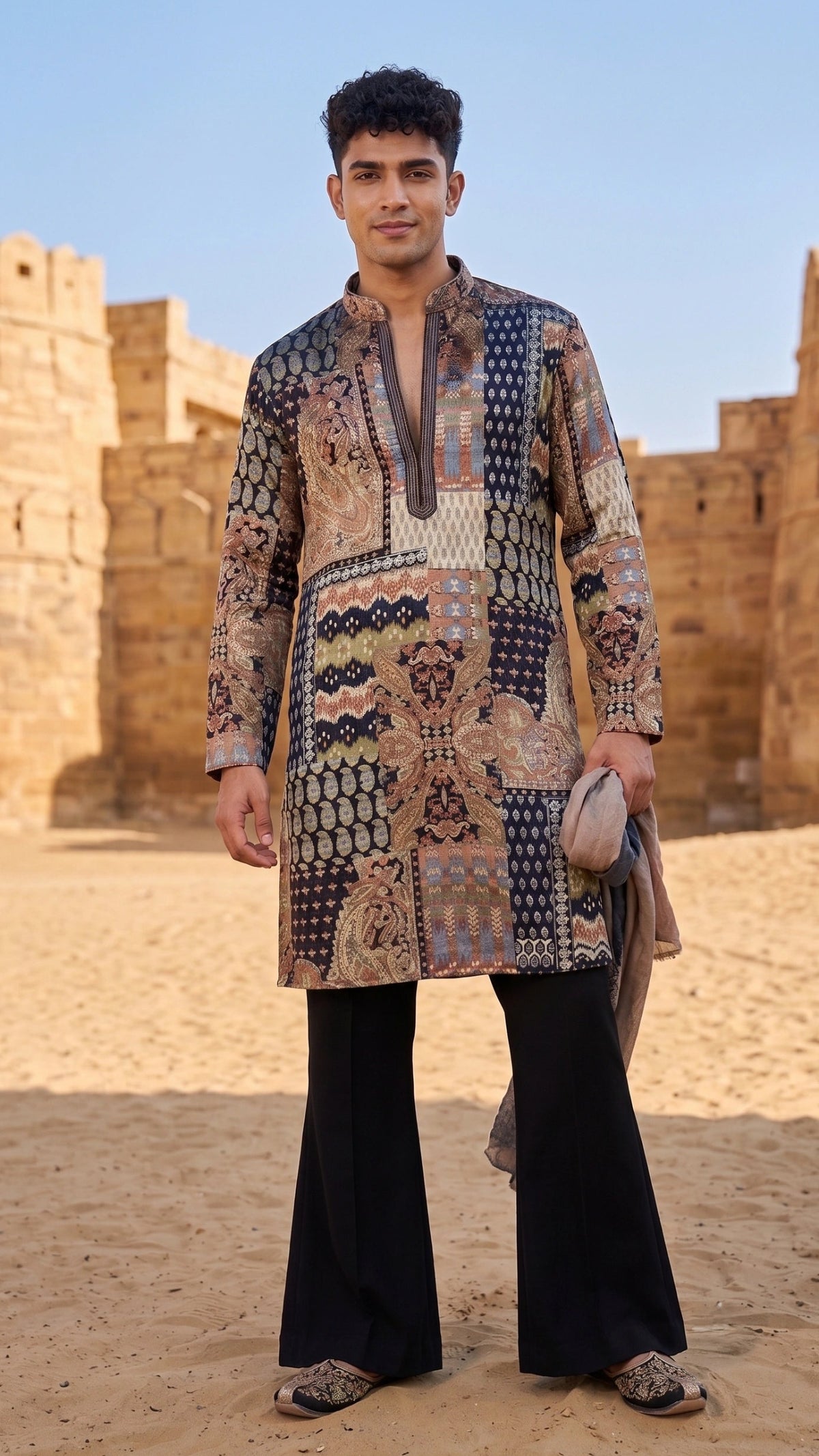 The Heritage Mosaic: Multicolor Jacquard Silk Patchwork Kurta for men