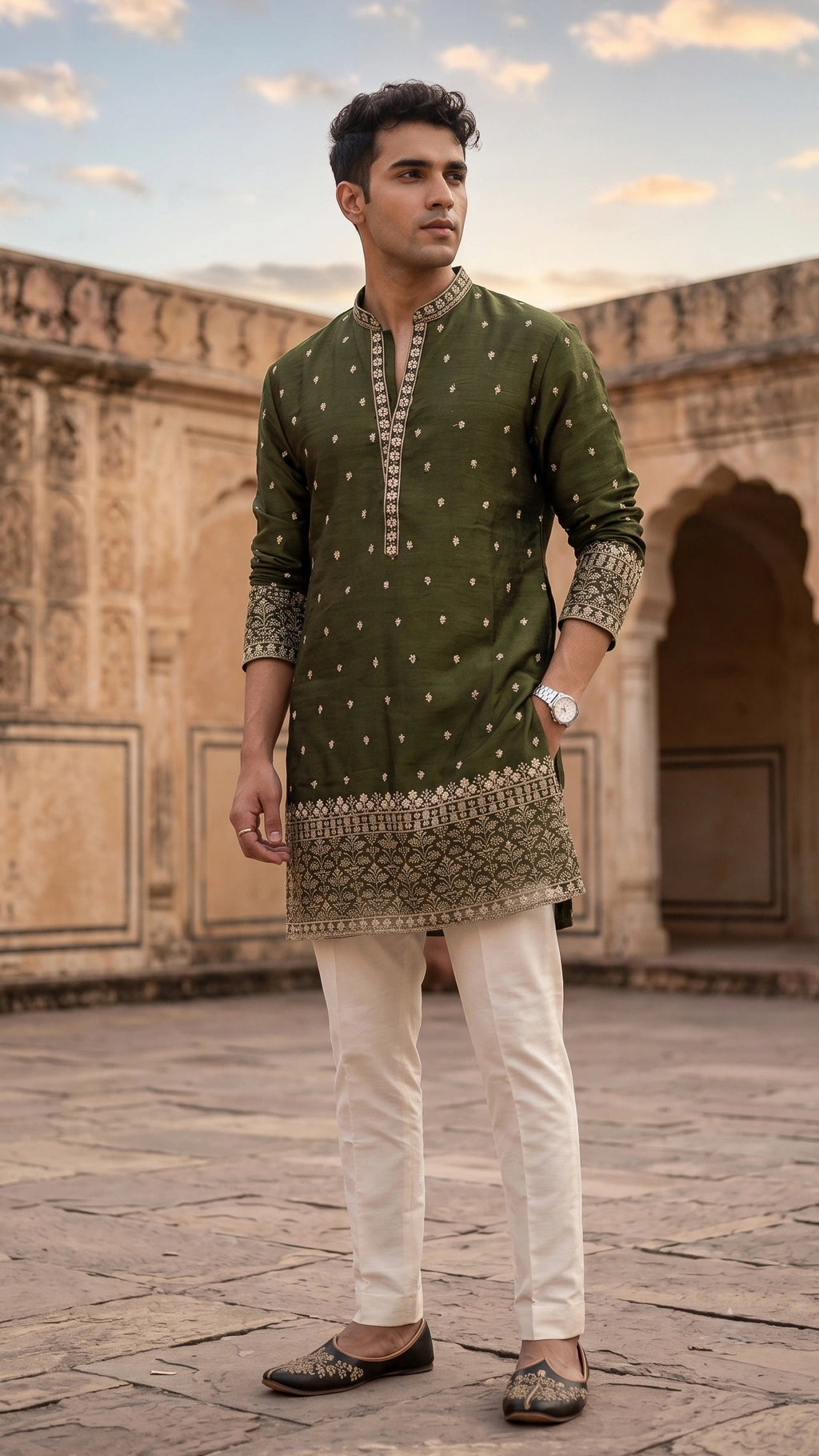 Deep Olive Zari & Buti Embroidered Festive Kurta