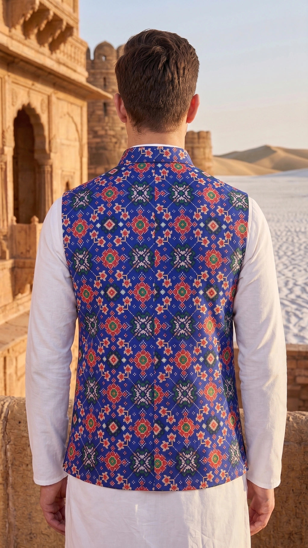 Heritage Royal Blue Geometric Ikat Print Bandhgala Waistcoat