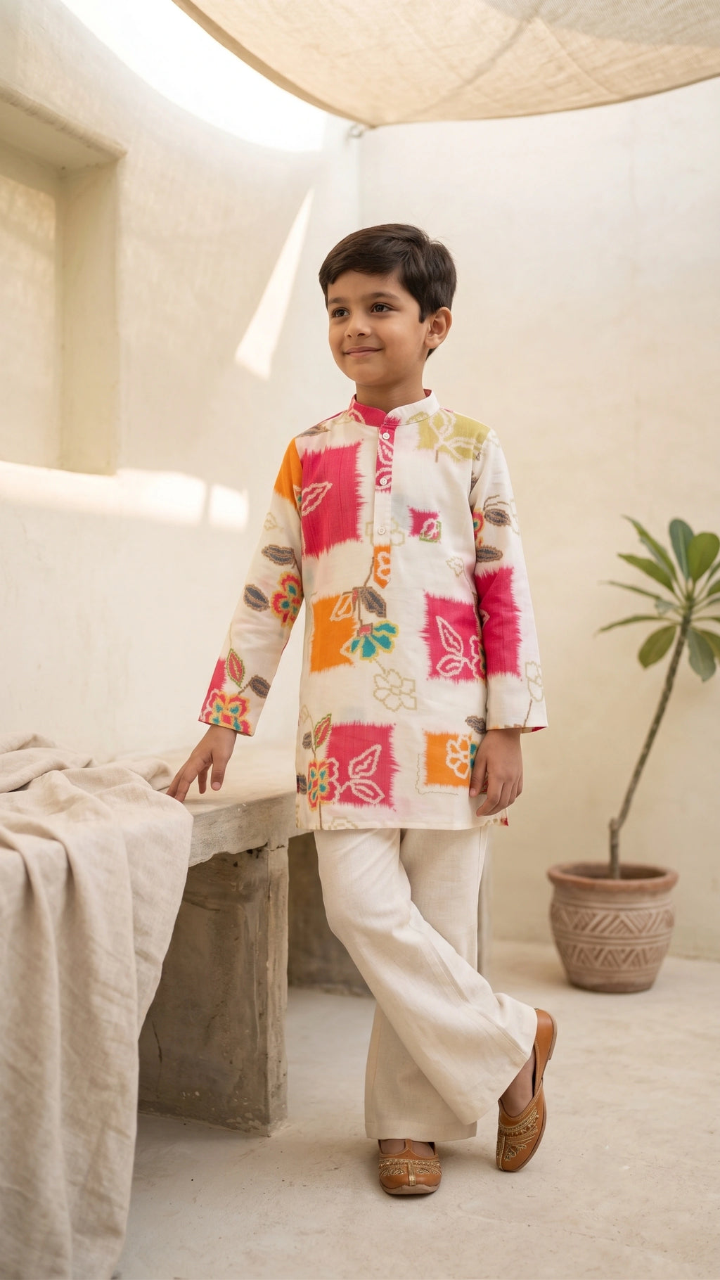 Boys Multi-Color Abstract Ikat Printed Kurta with Trousers